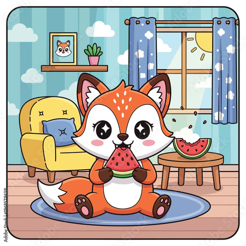 Cute cartoon fox eating watermelon slice happily.
