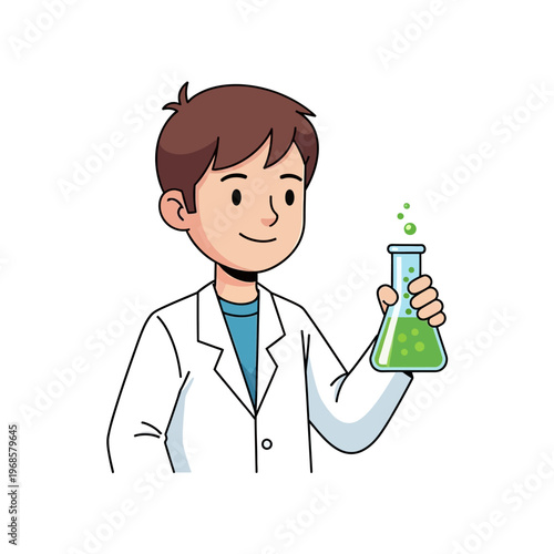 Young Scientist Holding Flask with Green Bubbling Liquid