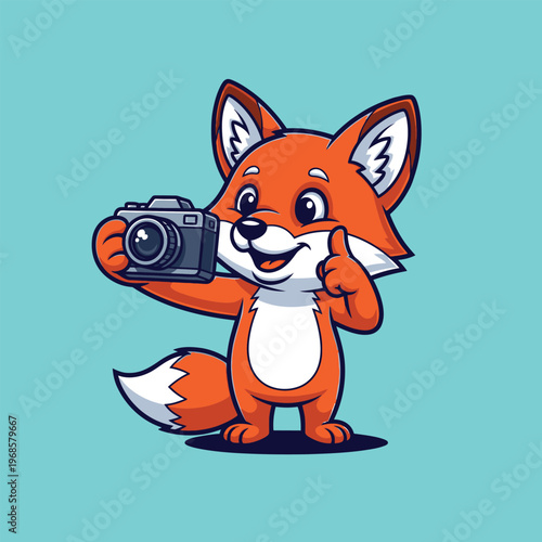 Cute cartoon fox holding a camera and giving a thumbs up.