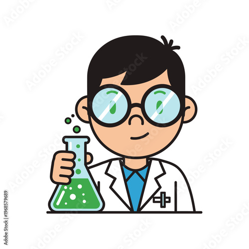 Young scientist in lab coat holding flask with green bubbling liquid, cartoon style