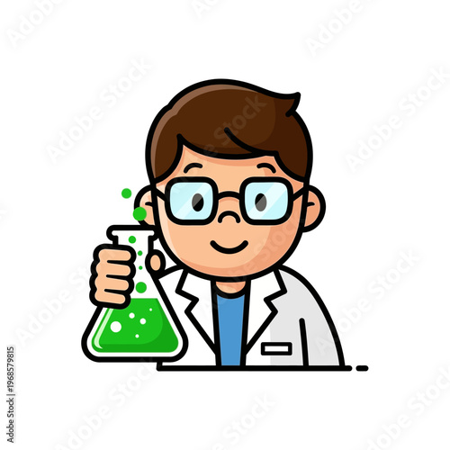 Cartoon scientist boy holding a bubbling green liquid in a flask, wearing glasses and lab coat