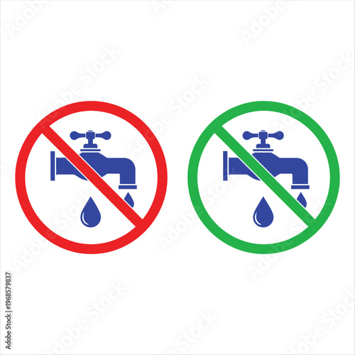 Two faucet icons, one with a red prohibition circle and another with a green checkmark, indicating water usage restrictions and permission.