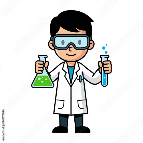 Cartoon Scientist Boy Holding Flask and Test Tube with Bubbles