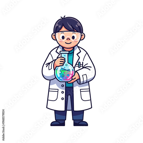 Cartoon Scientist Boy Holding Colorful Flask in Lab Coat