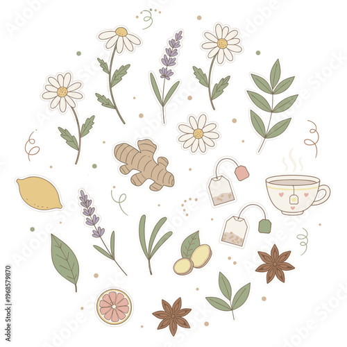 Whimsical botanical and tea-themed illustration with delicate watercolor effects