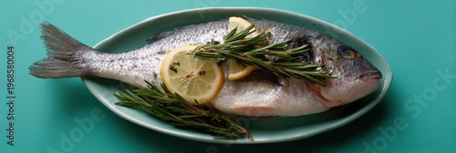 Raw fish with lemon and rosemary on teal platter plated whole seafood preparation for oven or grill fresh herb citrus styling for kitchen display