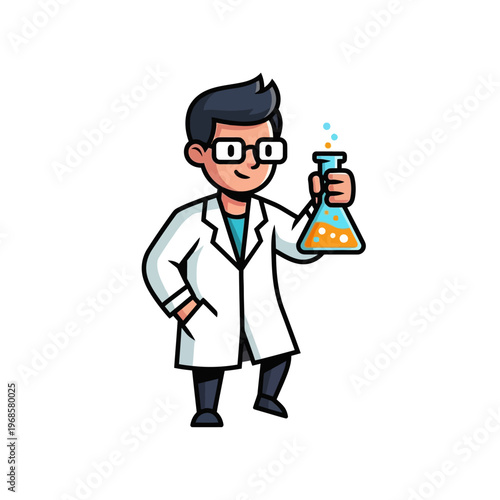 Cartoon Scientist Holding Flask with Bubbles