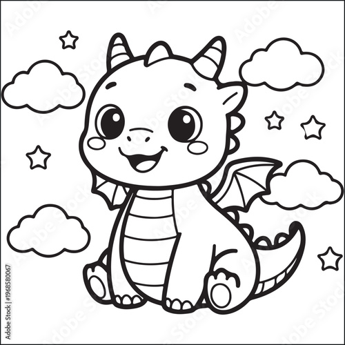 A charming baby dragon illustration surrounded by fluffy clouds and twinkling stars