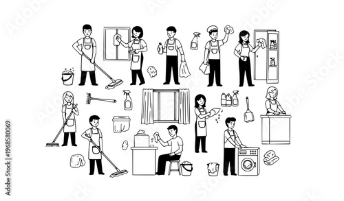 Cleaning workers doodle vector illustration set janitors and housekeeping staff with cleaning tools isolated on white
