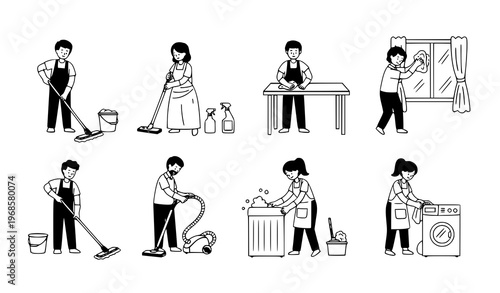 Doodle cleaning people vector set men and women janitors washing wiping and mopping room isolated on white