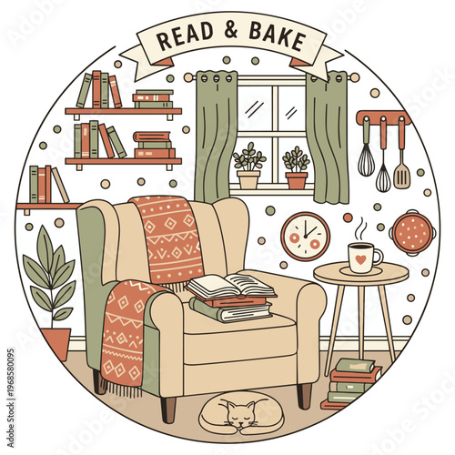 Cozy reading nook with baking elements and a cat resting nearby