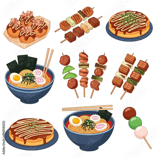 Japanese Food Assortment: Ramen, Yakitori Skewers, Okonomiyaki, Takoyaki, Dango