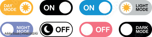 Toggle switch vector icons day and night mode on off buttons for light dark interface control in mobile app web design and animation