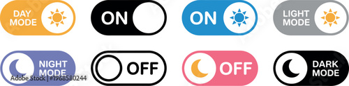 Toggle switch vector illustration on and off buttons light and dark day night mode interface for mobile app web design and animation UI