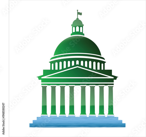 A stylized green capitol building illustration with columns and a dome stands on a blue base against a white backdrop, representing government or civic institutions.