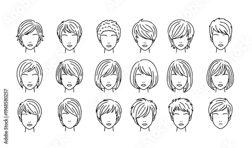 Minimal Bixie Cut Icon Set Short Hair Trend Female Hairstyle Outline Vector Collection