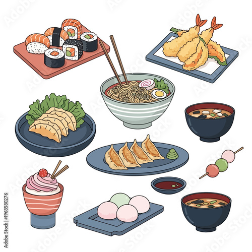 Japanese Food Assortment: Sushi, Ramen, Tempura, Gyoza, Mochi, and Dessert