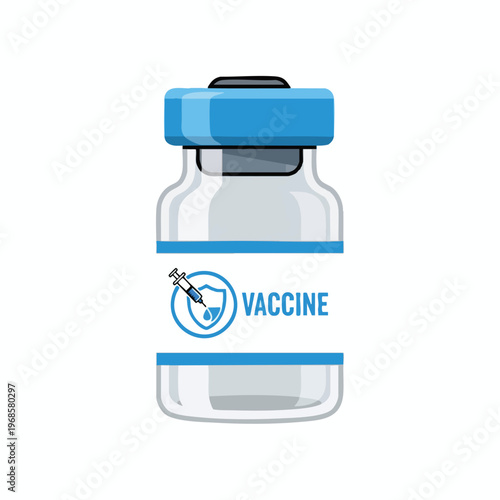 A clear glass vial with a blue cap and label, containing a medical liquid