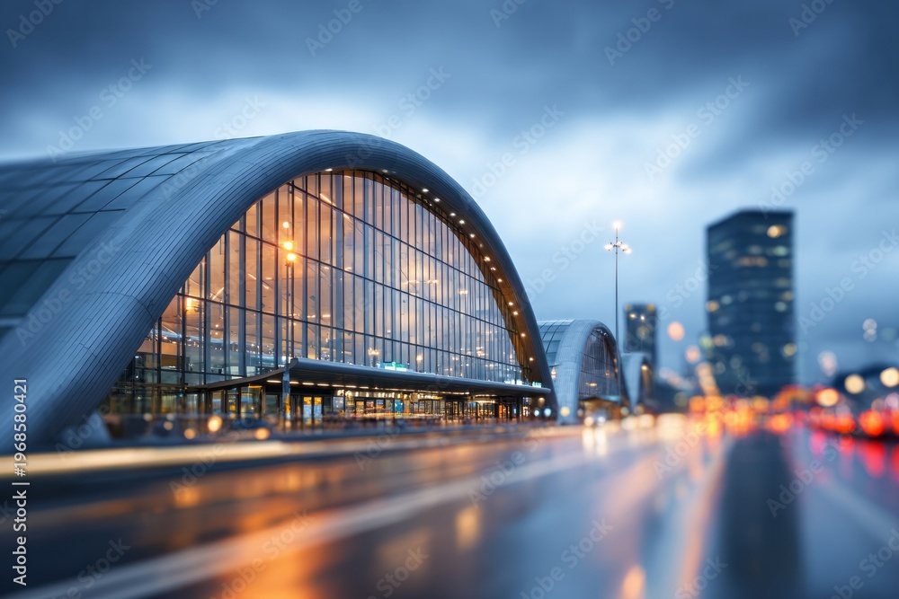 Naklejka premium Modern transportation hub features sweeping curved architecture illuminated against a dusky sky