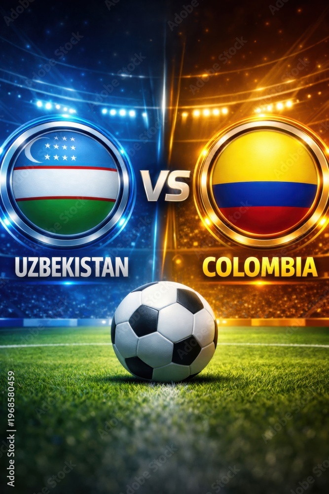Fototapeta premium Uzbekistan vs Colombia soccer match stadium graphic with ball
