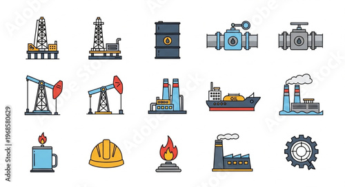 Oil and Gas Industry Icons - Production, Transportation, and Safety.