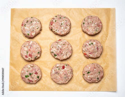 Raw burger patties on parchment paper preparing for cooking