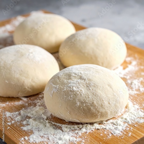 Raw pizza dough balls on wooden board ready for baking