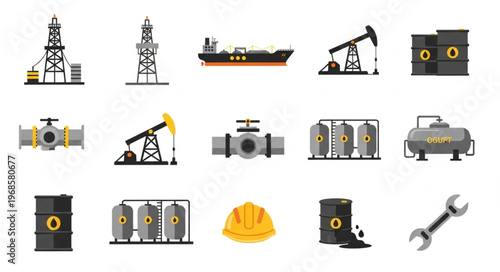 Oil Industry Icons - Rigs, Tankers, Pumps, and Safety Gear.