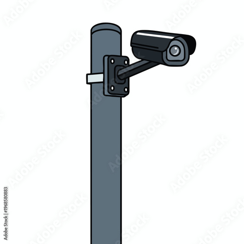 Outdoor security camera mounted on a dark gray pole against a white background