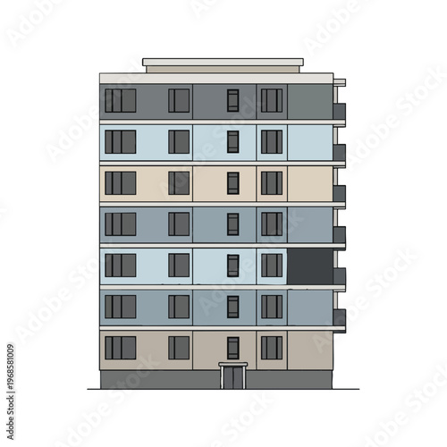 Facade of a multi-story residential building with varied color blocks and balconies