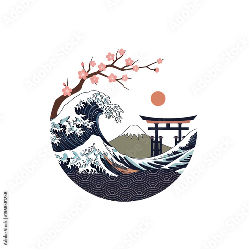Japanese Ocean Wave with Mount Fuji, Torii Gate, and Cherry Blossoms