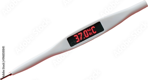 a white digital medical thermometer with a red display shows the temperature