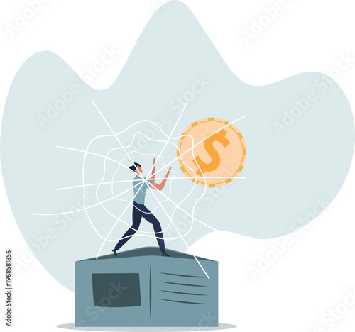 Man Standing on Wallet Covered in Cobwebs Holding Dollar Coin – Poverty and Bankruptcy Concept Vector Illustration