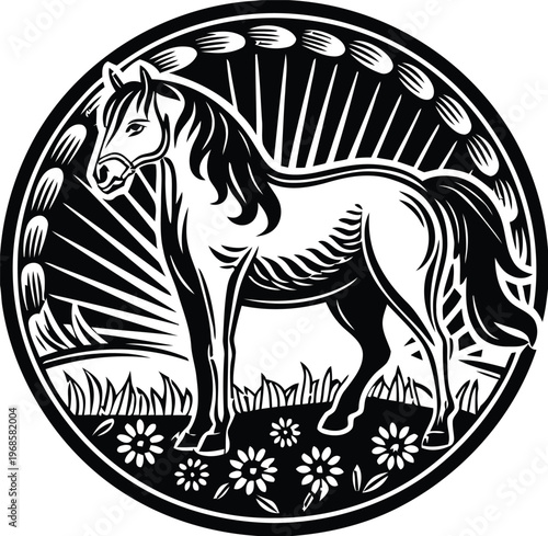 A stylized black and white illustration of a majestic horse standing in a field of flowers