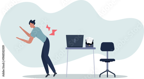 Man Leaving Desk with Laptop and Documents – Back Pain and Workload Stress Concept Vector Illustration