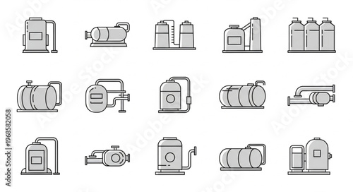 Collection of Industrial Storage Tank Line Art Illustrations.