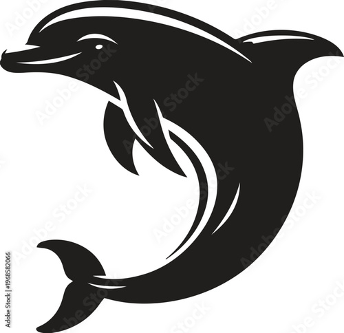 A minimalist black and white silhouette illustration of a leaping dolphin on a white background