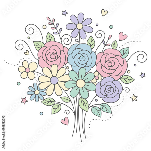 Whimsical watercolor bouquet with roses and daisies in soft pastels