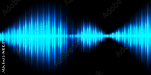 Abstract vertical blue light bar pattern background with glowing cyan center, creating a vibrant digital sound wave or equalizer effect, isolated on