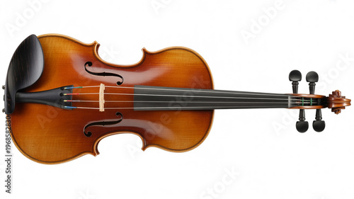 A beautifully crafted violin with a polished wooden body and fine tuning pegs isolated on white background