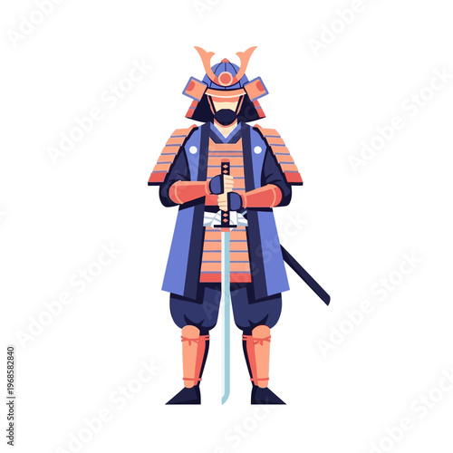 Samurai Warrior in Traditional Armor Holding Katana Sword, Japanese Warrior