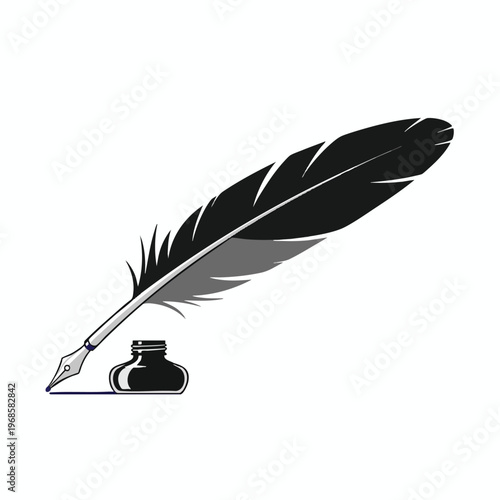 A black feather quill pen with its nib in a dark ink bottle