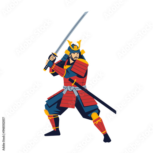 Samurai warrior in traditional armor holding katana sword, ready for battle, isolated on white background