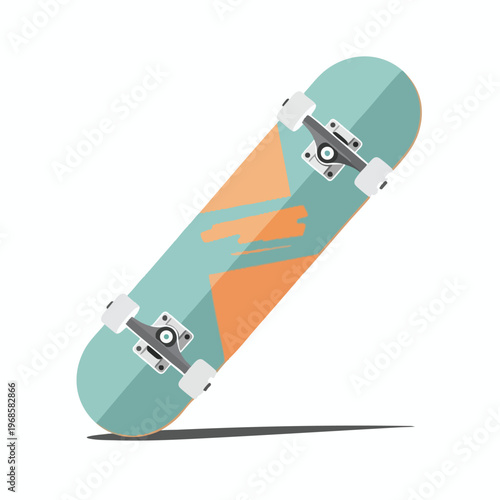 A turquoise skateboard with orange abstract design and metal trucks