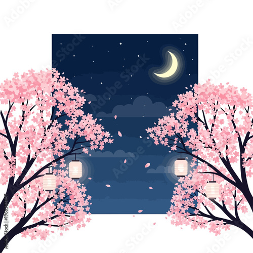 Sakura trees with lanterns under crescent moon and starry night sky
