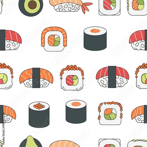 Seamless Sushi Pattern: Assorted Japanese Rolls and Nigiri on White Background