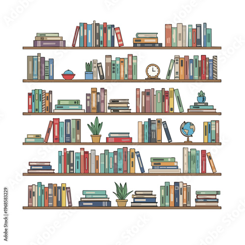 Stylized illustration of six wooden bookshelves filled with colorful books and decorative items
