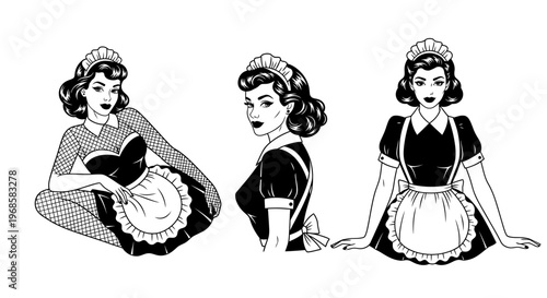 Vintage Pin-up Maid Illustrations Set, Retro Housekeeper in Classic Uniform Black and White Vector Art