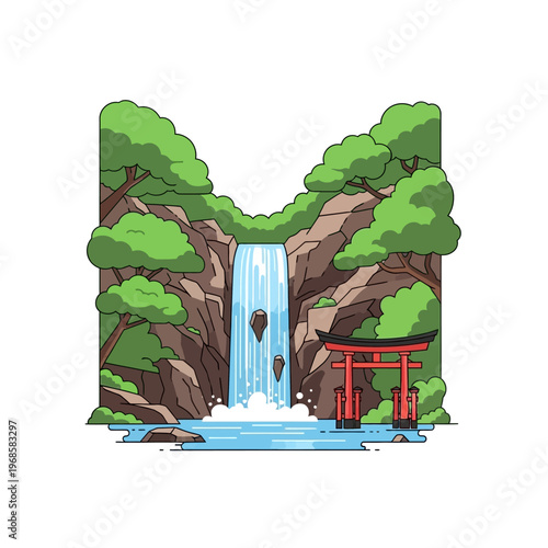 Serene Japanese Waterfall with Torii Gate and Lush Greenery