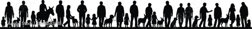 Large Crowd of People Walking with Pets Silhouette Set for Community and Lifestyle Design